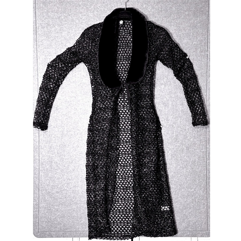 Tunnel Vision Black Metallic Knit Duster Small Faux Fur Collar Goth Aesthetic